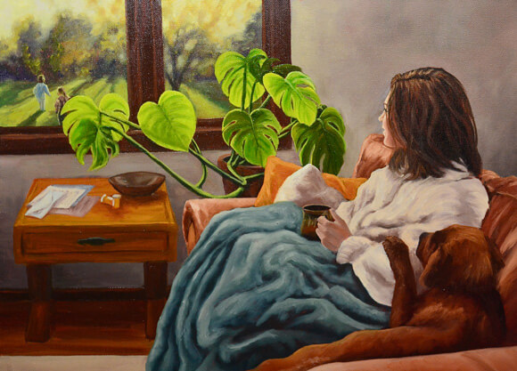 Oil painting of a woman on a couch looking out of a window