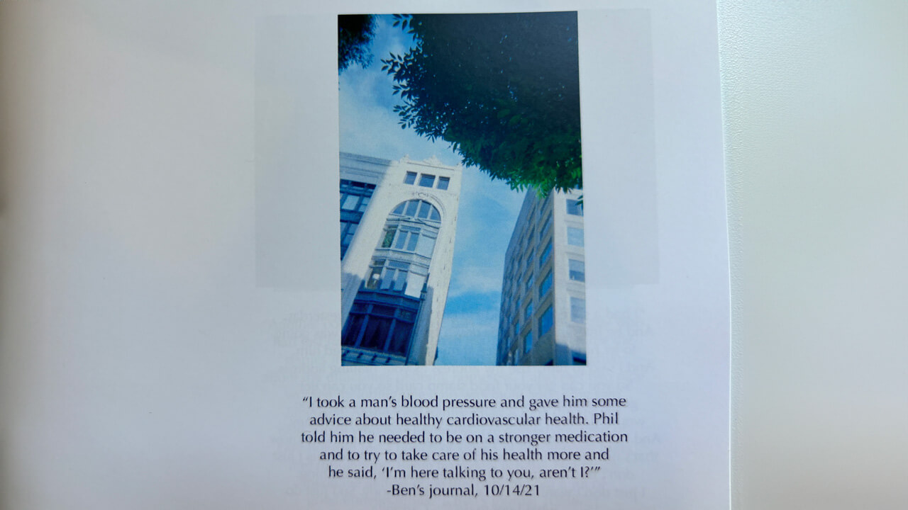 A photo of a building with a quote from Ben's journal