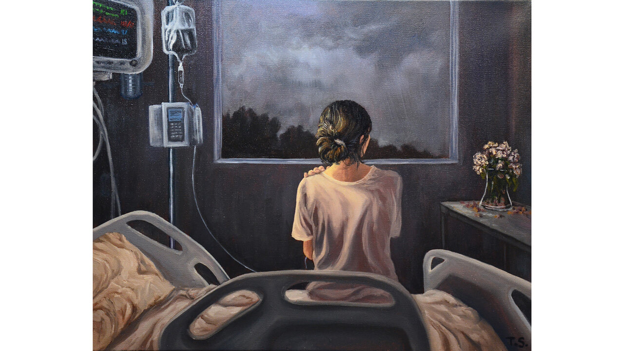 Oil painting of the back of a female patient in a hospital room